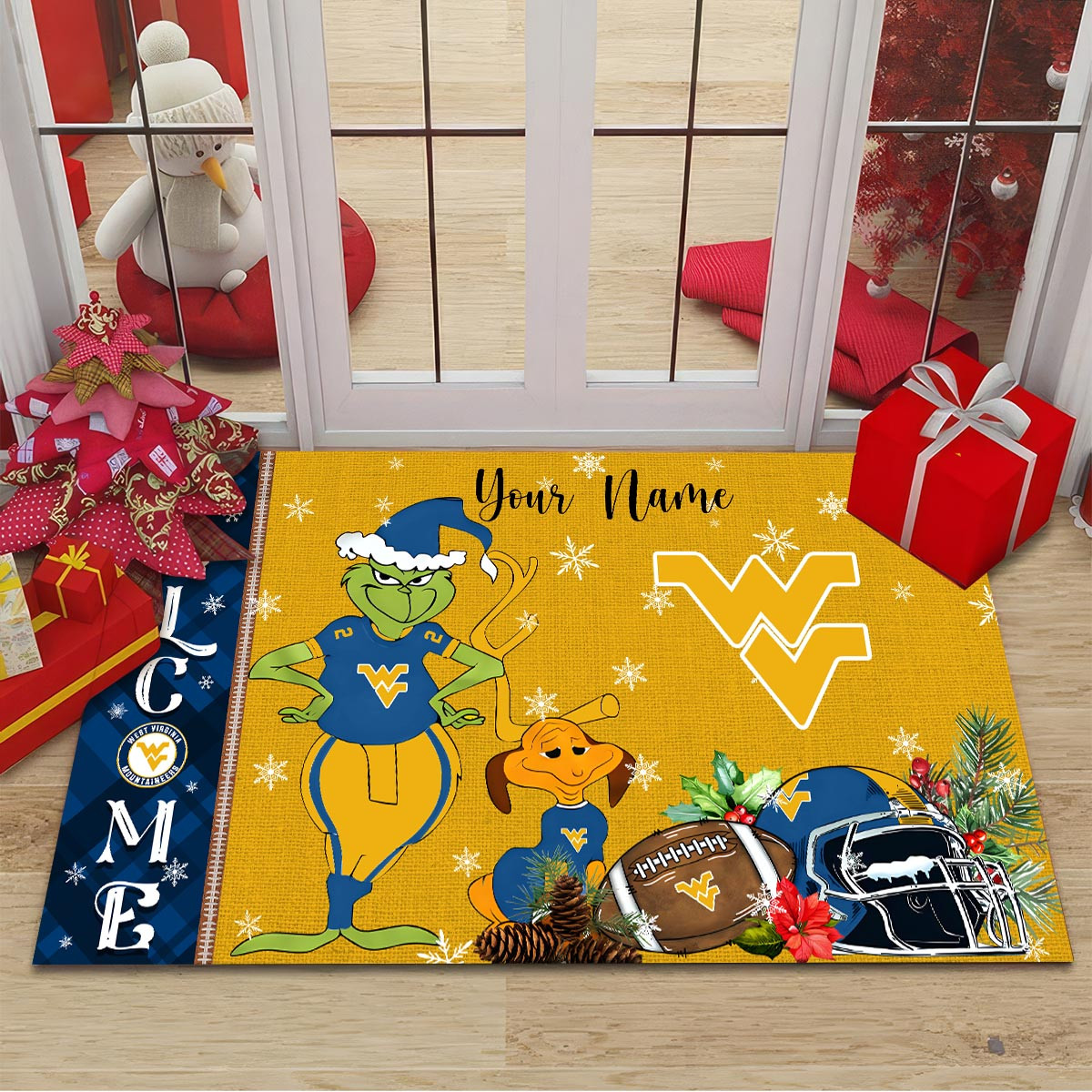 Sportswearmerch West Virginia Mountaineers NCAA x Grinch Christmas Welcome Football Doormat For Fan