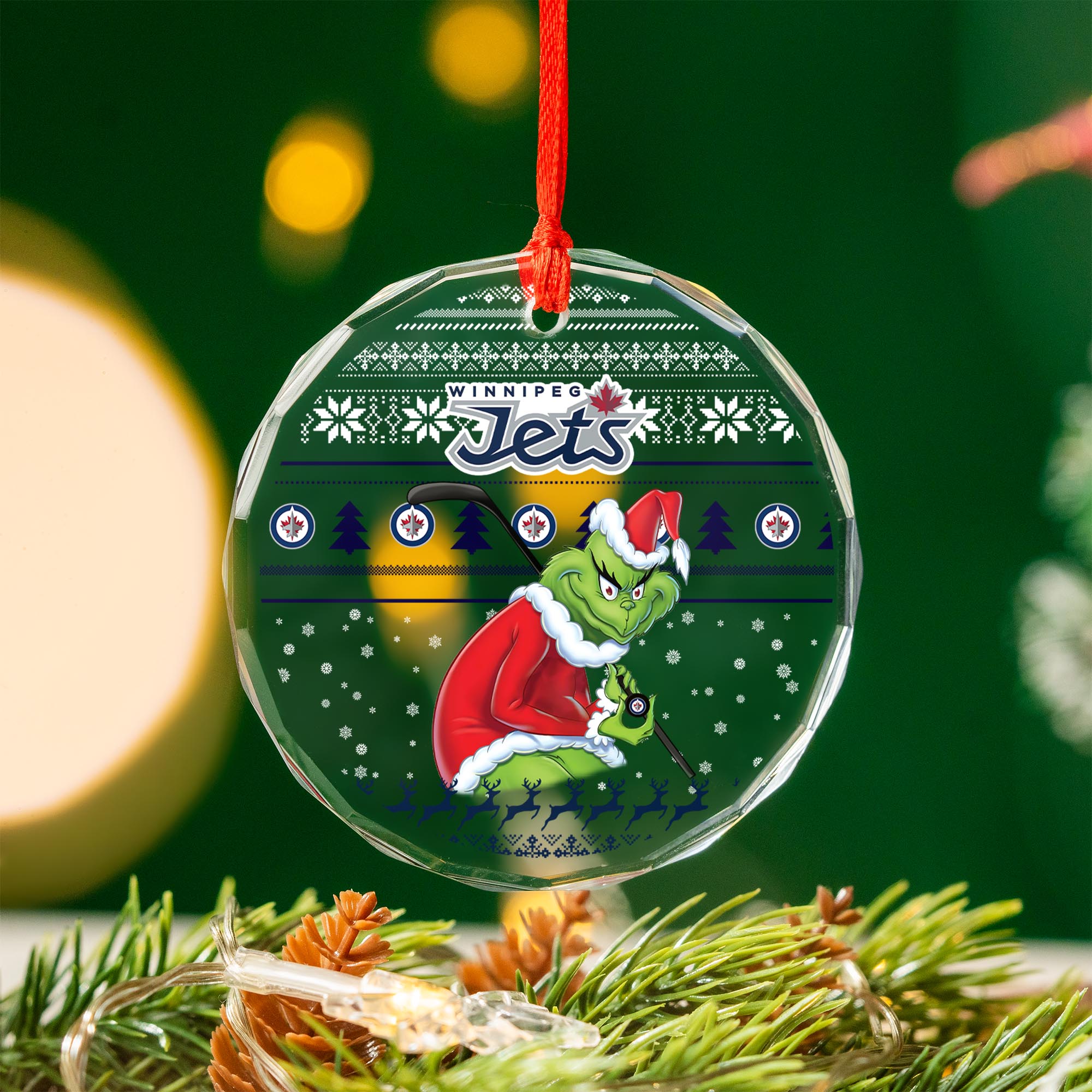 Sportswearmerch Winnipeg Jets NHL x Grinch Christmas Glass Ornament For Fans