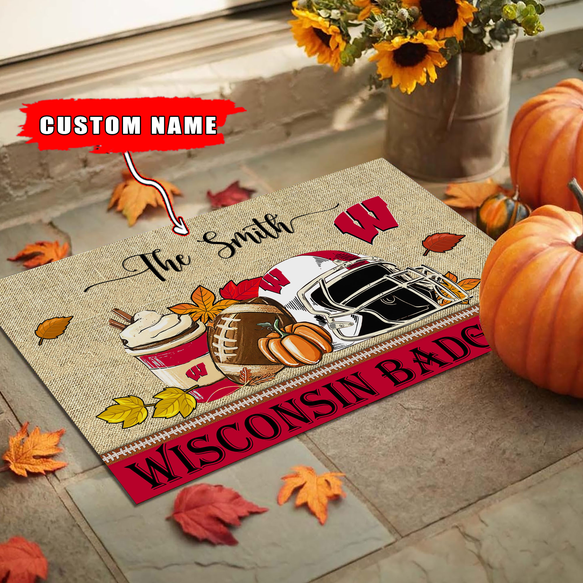Sportswearmerch Wisconsin Badgers NCAA Fall Football Custom Doormat For Fan