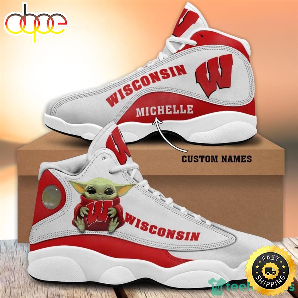 Sportswearmerch Wisconsin Badgers NCAA Fans Baby Yoda AJ13 Sneakers Shoes For Men And Women