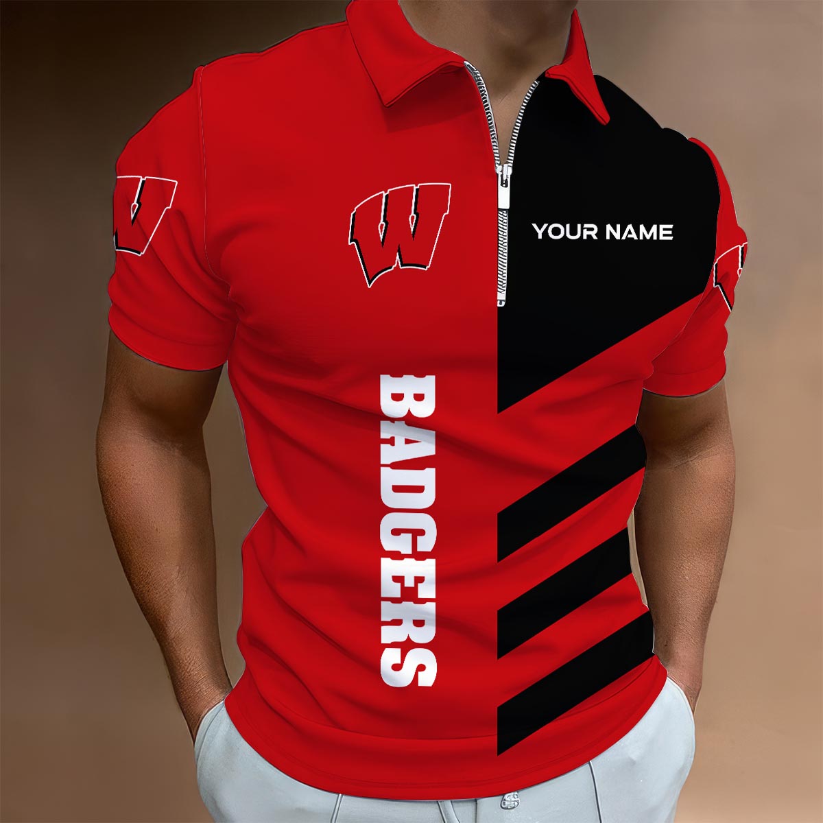 Sportswearmerch Wisconsin Badgers NCAA Lapel Zip Polo Shirt For Fan