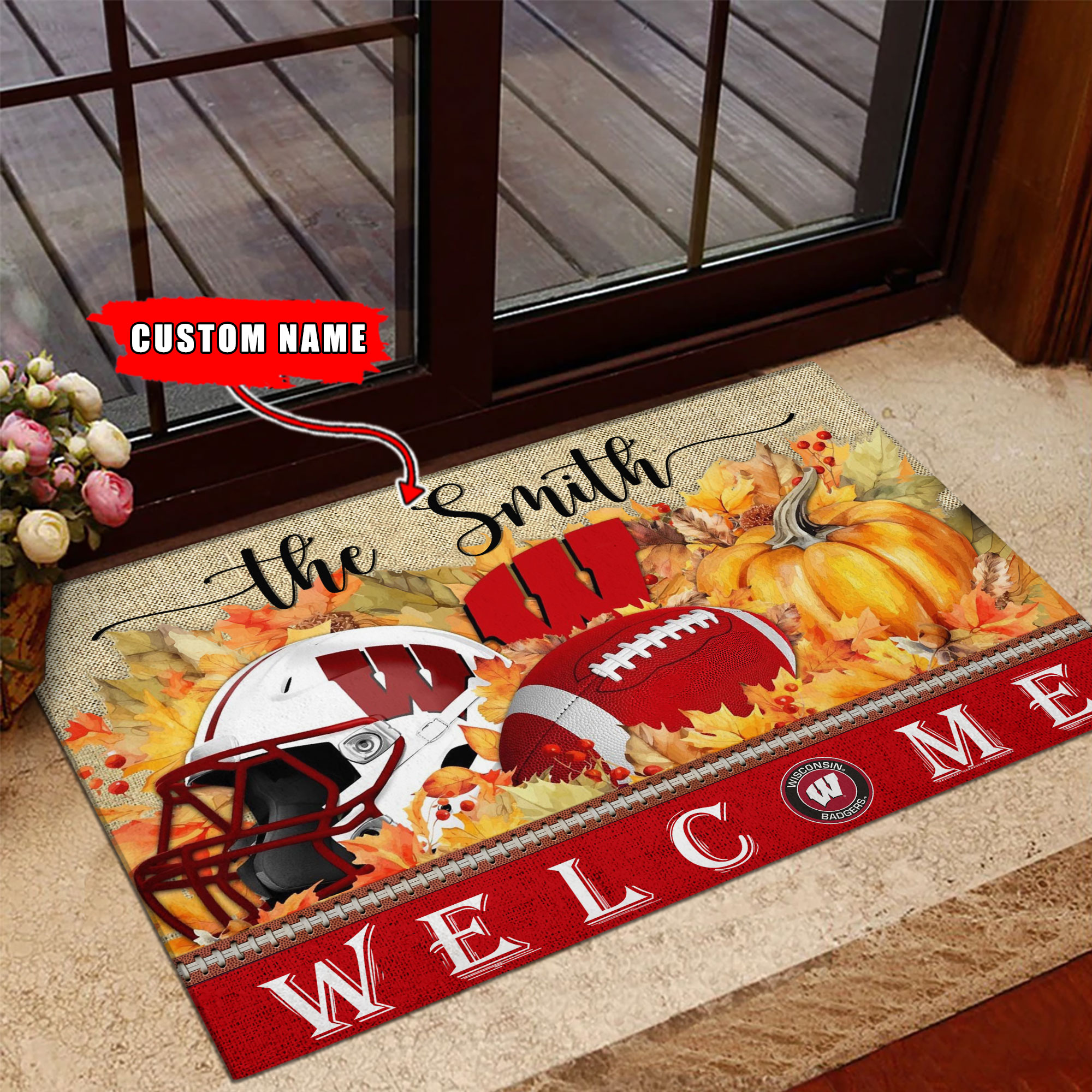 Sportswearmerch Wisconsin Badgers NCAA Welcome Fall Football Doormat For Fan