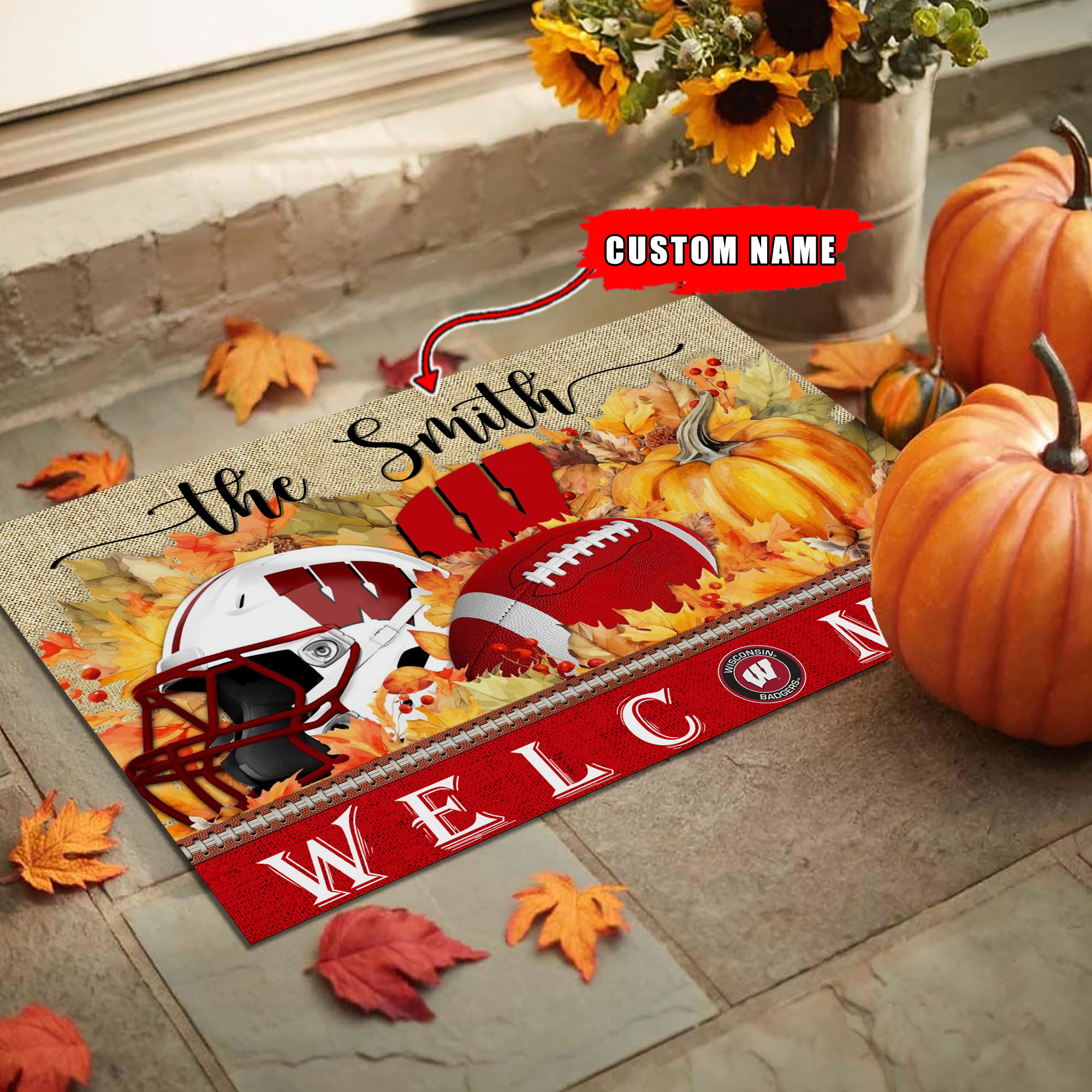 Sportswearmerch Wisconsin Badgers NCAA Welcome Fall Football Doormat For Fan