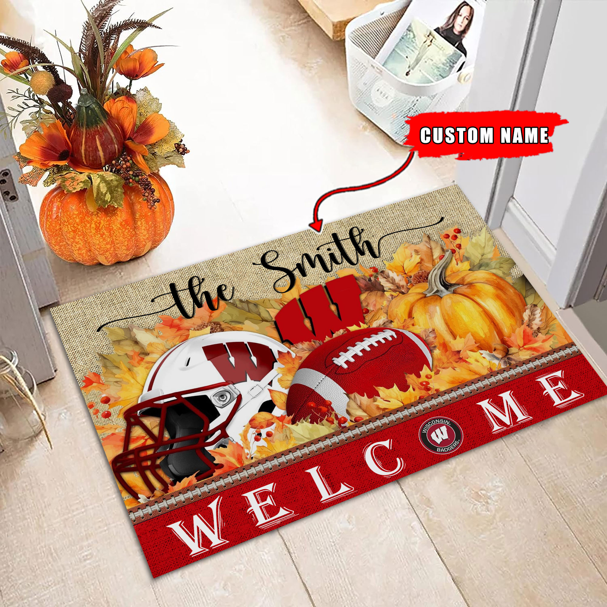 Sportswearmerch Wisconsin Badgers NCAA Welcome Fall Football Doormat For Fan