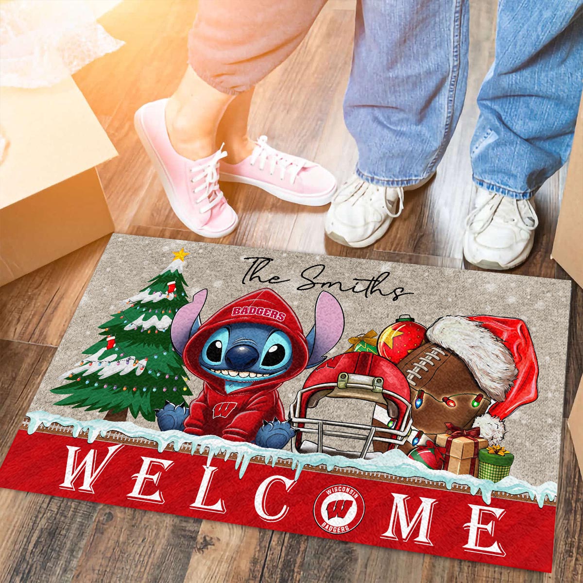 Sportswearmerch Wisconsin Badgers NCAA x Cute Stitch Christmas Doormat For Fan