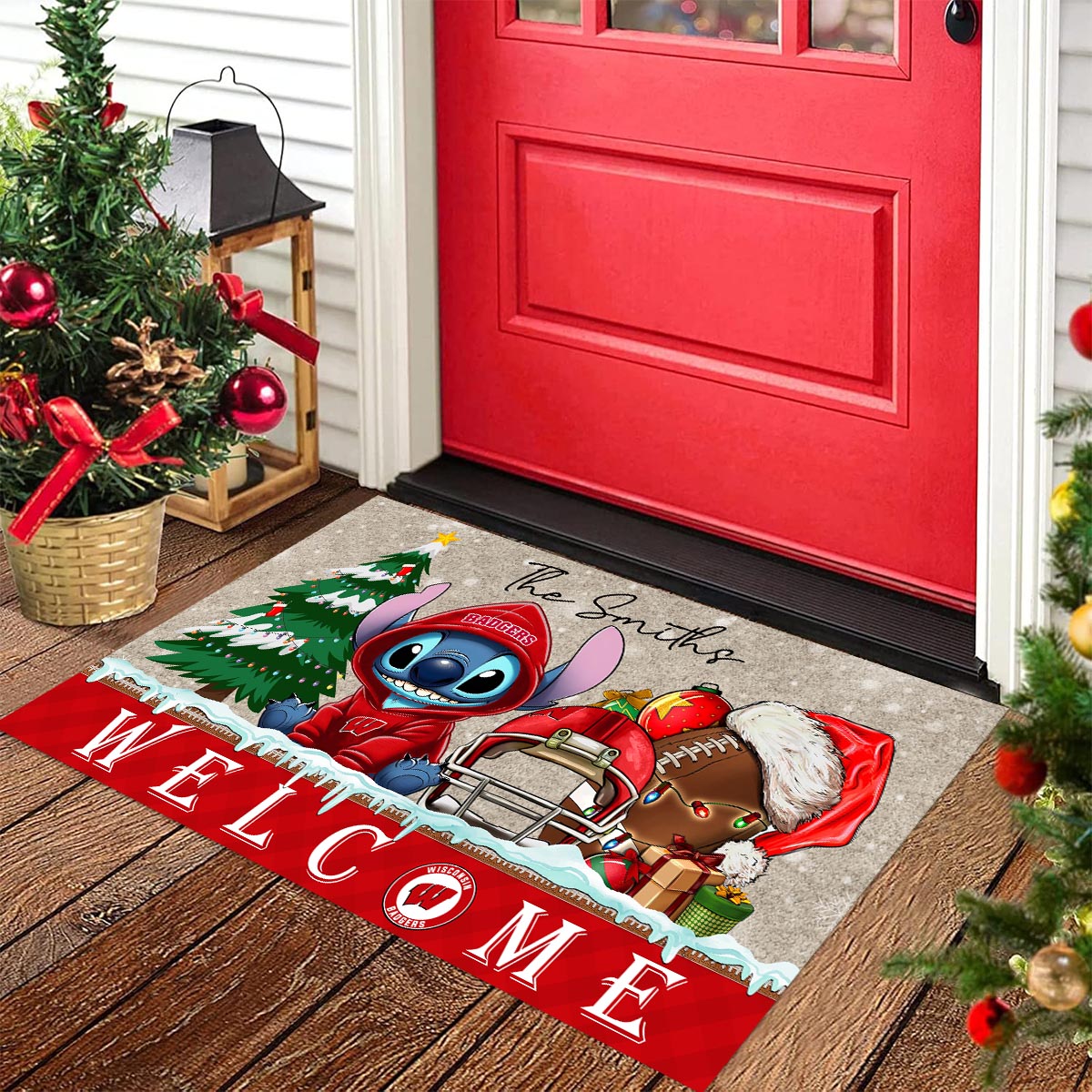 Sportswearmerch Wisconsin Badgers NCAA x Cute Stitch Christmas Doormat For Fan