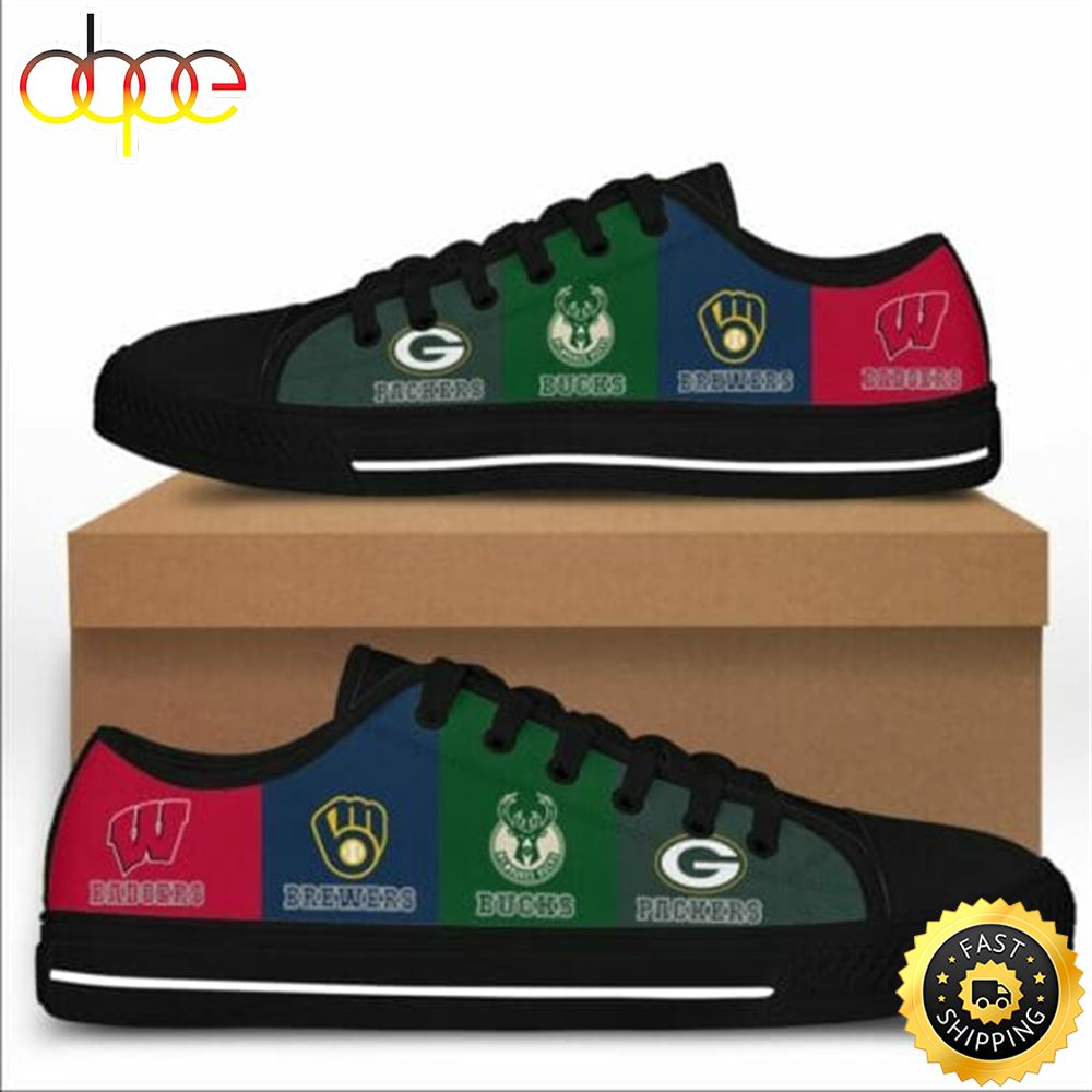 Sportswearmerch Wisconsin Badgers NCAA x Green Bay Packers NFL x Milwaukee Brewers Low Top Canvas Sneakers Shoes For Men And Women
