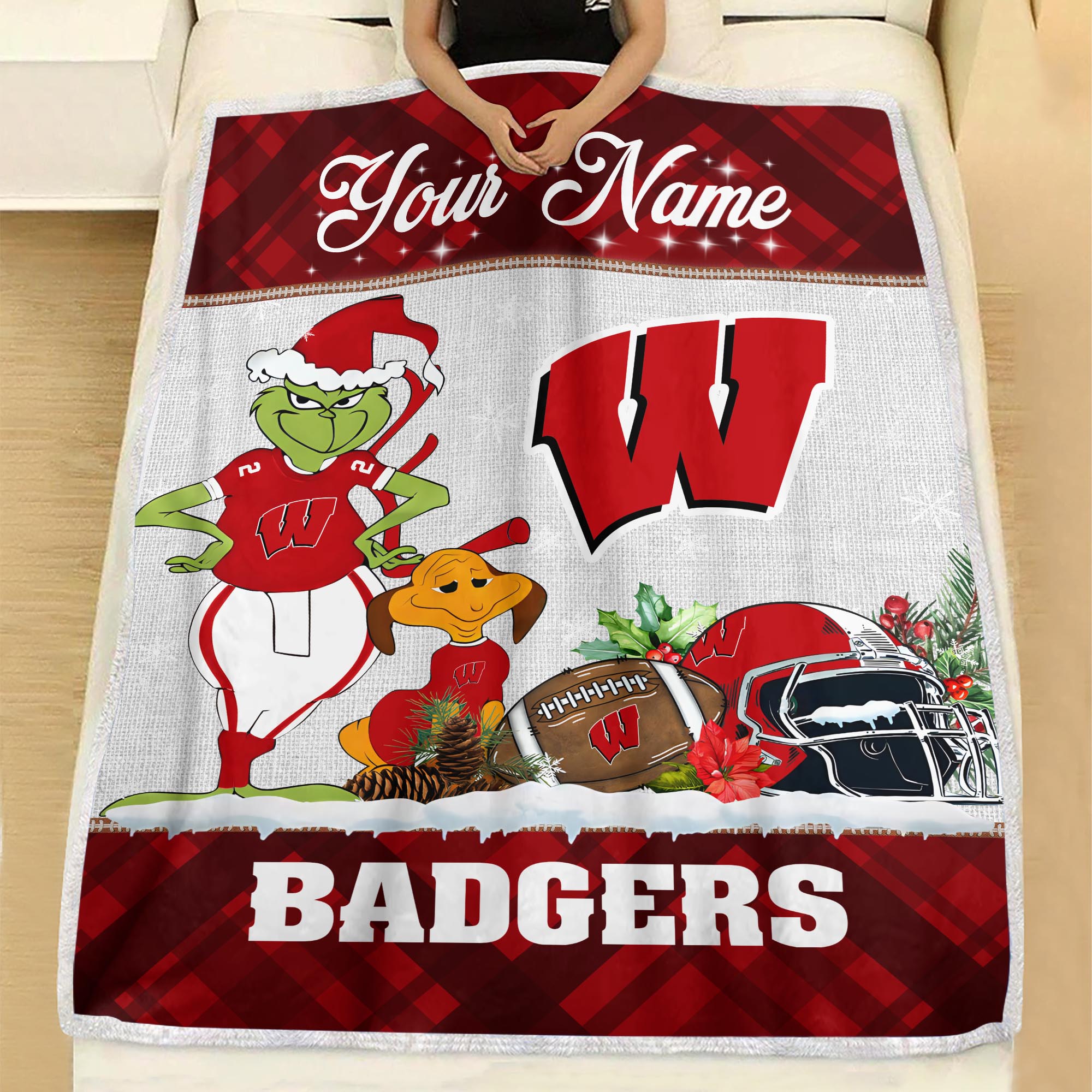 Sportswearmerch Wisconsin Badgers NCAA x Grinch Christmas Fleece Blanket For Fan