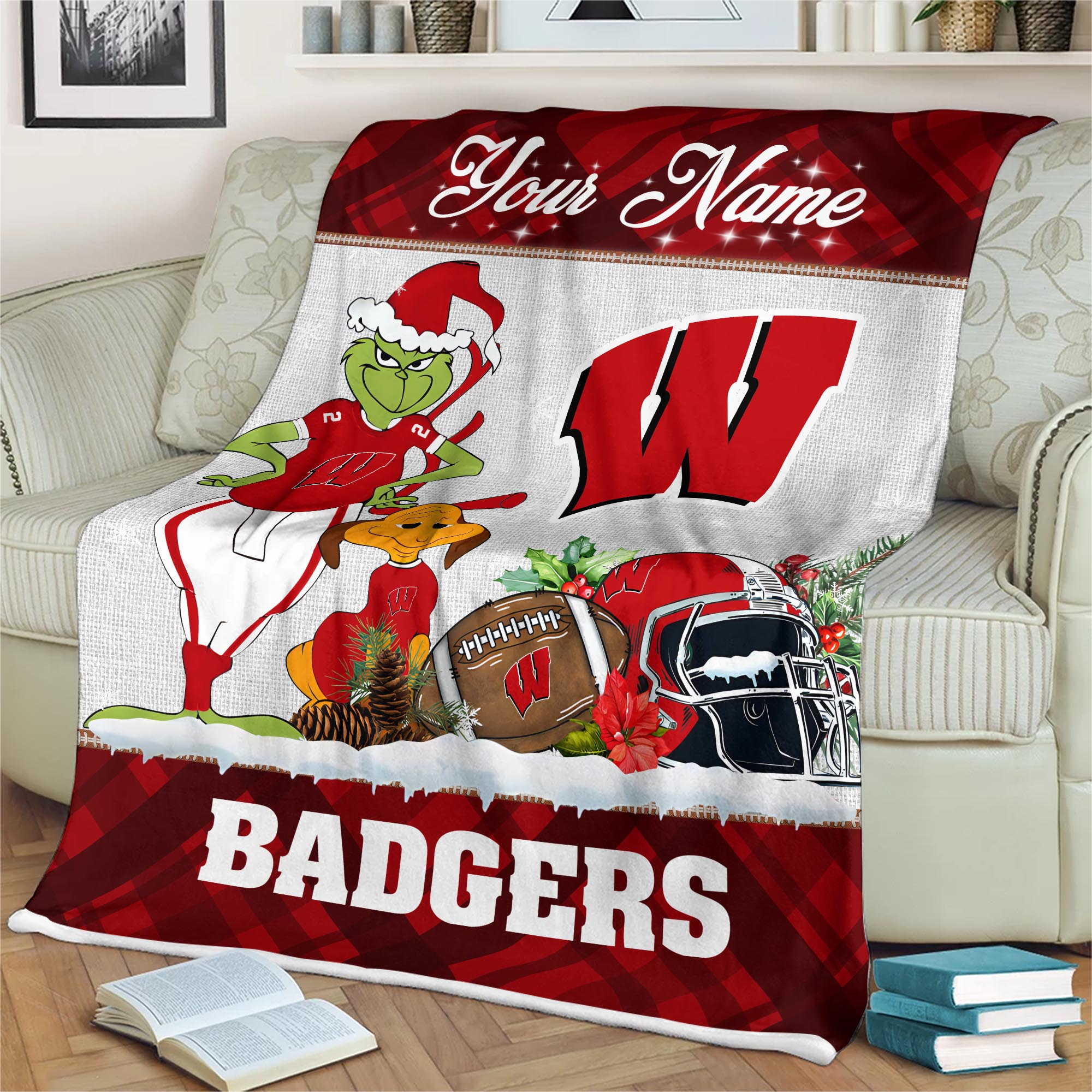Sportswearmerch Wisconsin Badgers NCAA x Grinch Christmas Fleece Blanket For Fan