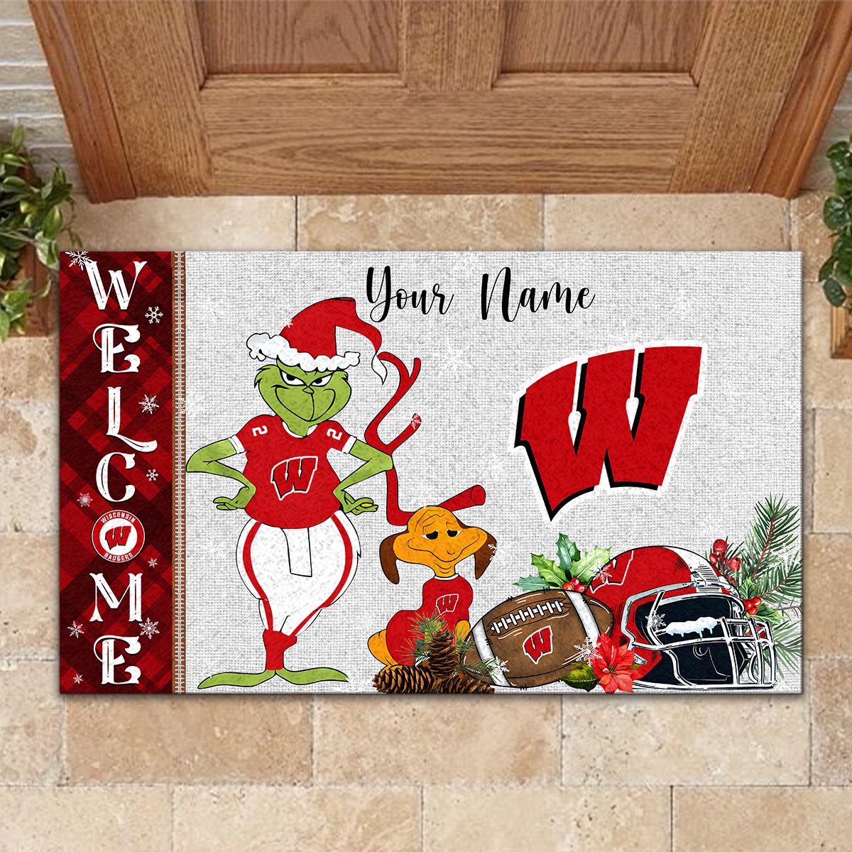 Sportswearmerch Wisconsin Badgers NCAA x Grinch Christmas Welcome Football Doormat For Fan