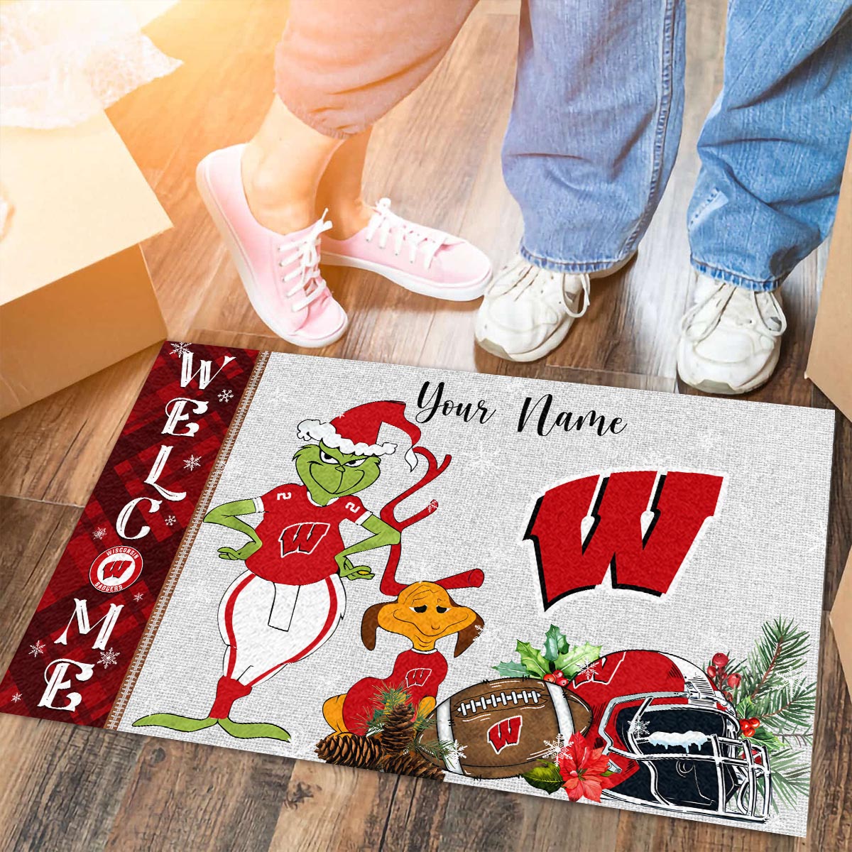 Sportswearmerch Wisconsin Badgers NCAA x Grinch Christmas Welcome Football Doormat For Fan